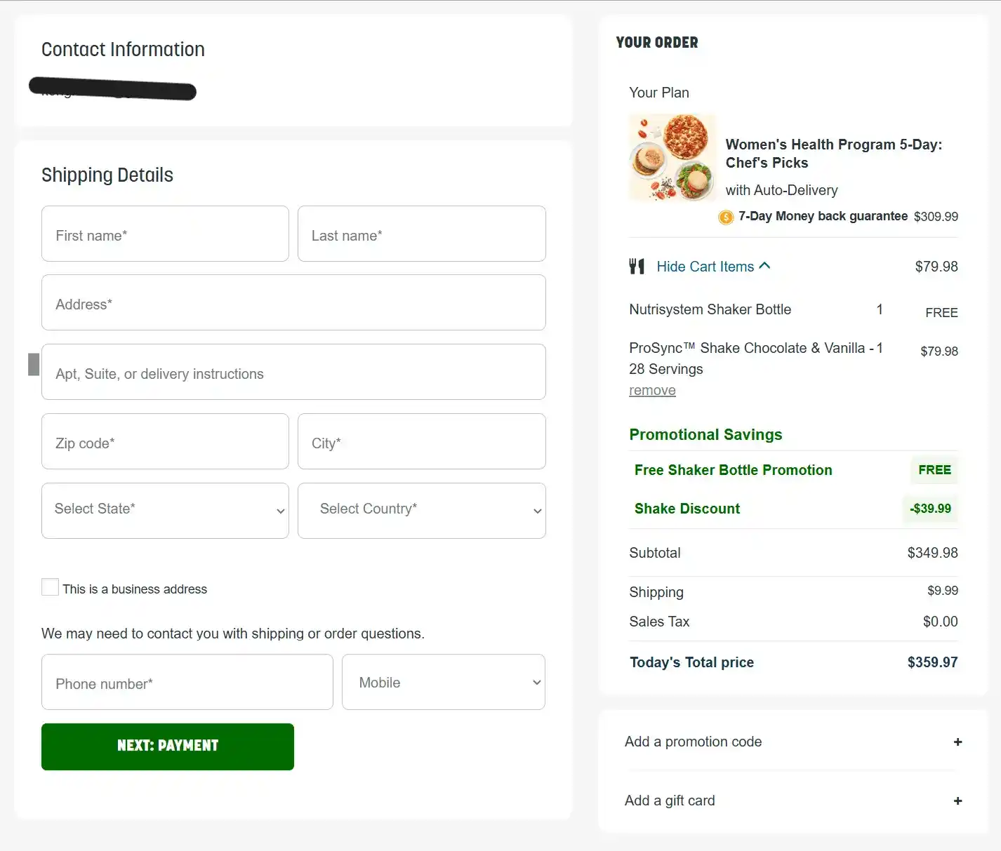 Nutrisystem order form